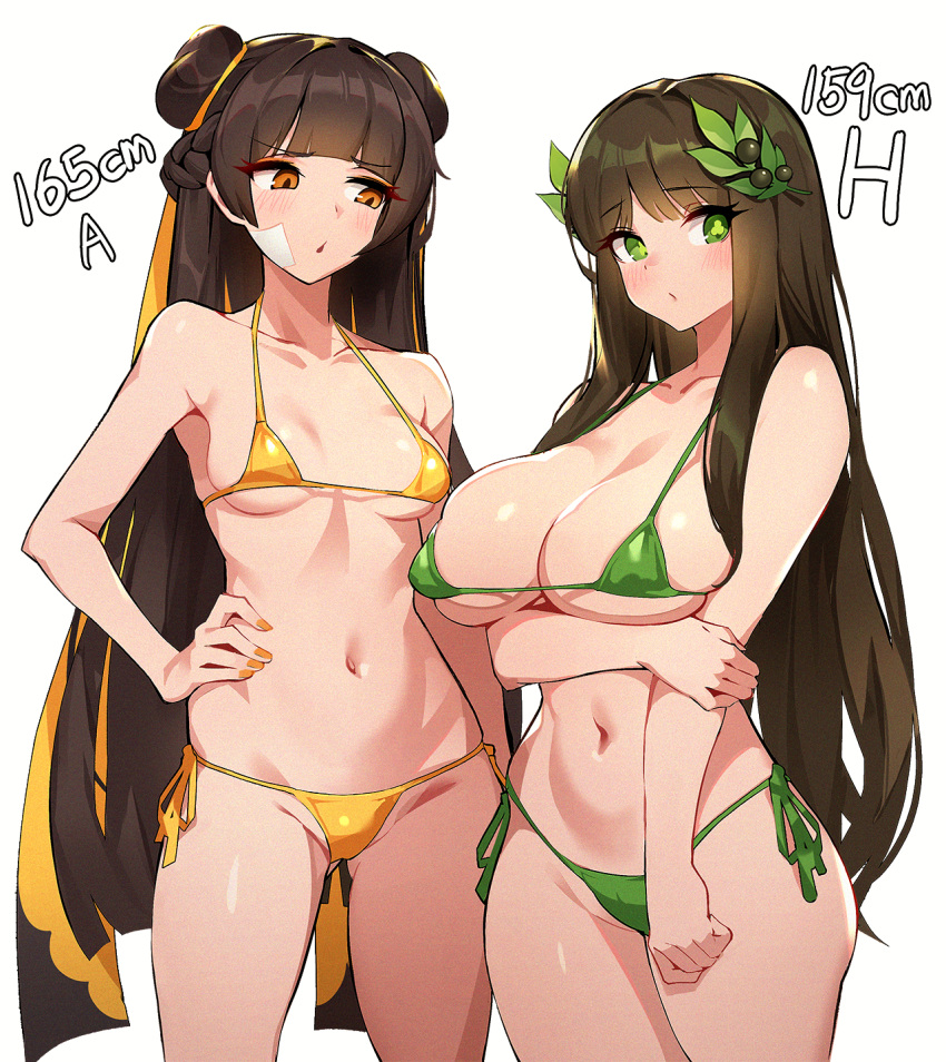 2girls arm_under_breasts bandage_on_face bandages bare_shoulders bikini black_survival blunt_bangs blush breast_envy breast_hold breasts breasts_apart brown_hair bust_chart chestnut_mouth cleavage clover clover-shaped_pupils collarbone covered_nipples cowboy_shot double_bun green_bikini green_eyes green_pupils groin gweon_sua hair_bun hair_ornament hair_ribbon hand_on_own_hip height highres large_breasts leaf_hair_ornament li_dailin looking_at_breasts looking_to_the_side micro_bikini milimon multiple_girls navel orange_bikini orange_eyes ribbon shamrock simple_background small_breasts swimsuit white_background