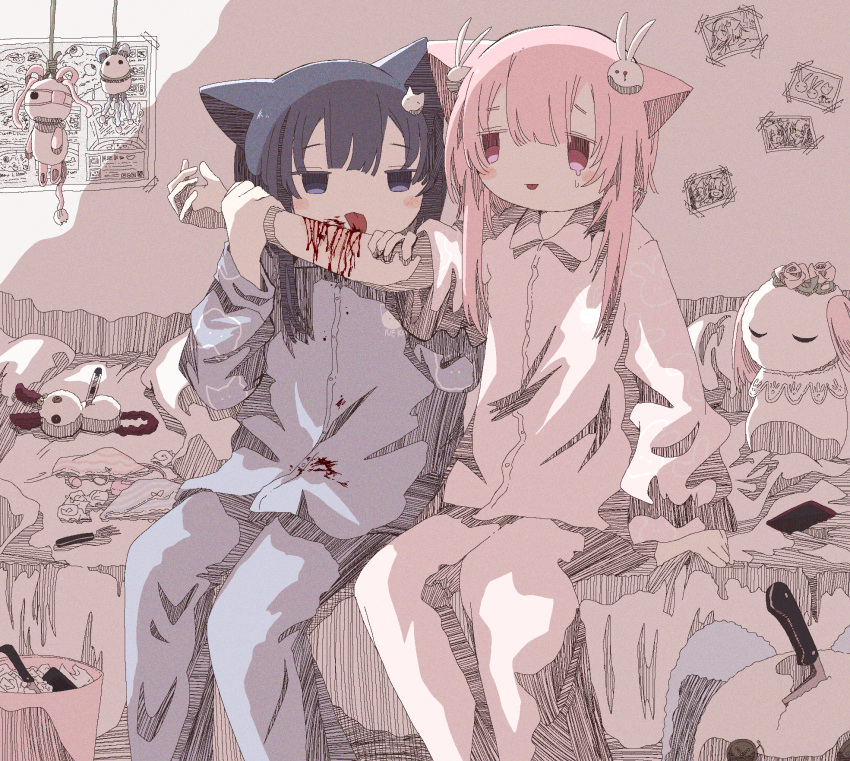 2girls animal_ears arm_support ashi_izumo bedroom black_hair bleeding blood blood_on_clothes blue_eyes blush cat_ears cat_girl cat_hair_ornament commentary_request dripping_eye feet_out_of_frame fork hair_ornament hatching_(texture) highres holding_another's_arm indoors jaggy_lines knife licking_arm licking_blood licking_injury long_sleeves looking_at_another multiple_girls on_bed original pajamas photo_(object) pink_eyes pink_hair rabbit_hair_ornament short_hair_with_long_locks sitting sleeve_rolled_up stuffed_animal stuffed_toy tareme tongue tongue_out trash_can wrist_cutting yuri