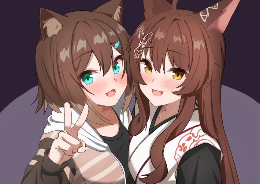 2girls :3 ahoge animal_ear_fluff animal_ears asymmetrical_docking black_shirt blush breast_press brown_hair butterfly_hair_ornament cat_ears cat_girl commission fish_hair_ornament fox_ears fox_girl fumi_(nijisanji) fumino_tamaki green_eyes hair_between_eyes hair_ornament hood hoodie japanese_clothes kimono long_hair long_sleeves looking_at_viewer medium_hair mitarashinejiri multiple_girls nijisanji open_clothes open_hoodie open_mouth shirt short_hair skeb_commission smile striped striped_hoodie tongue v very_long_hair virtual_youtuber white_kimono yellow_eyes