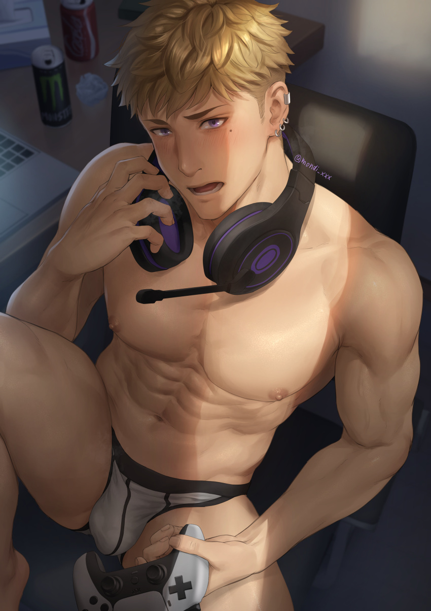 1boy abs absurdres bara blonde_hair briefs controller earrings game_controller headphones headphones_around_neck highres holding holding_controller holding_game_controller jewelry joystick large_pectorals luca_(mondi_hl) male_focus male_underwear mondi_hl muscular muscular_male navel nipples open_mouth original pectorals short_hair sitting solo underwear white_male_underwear