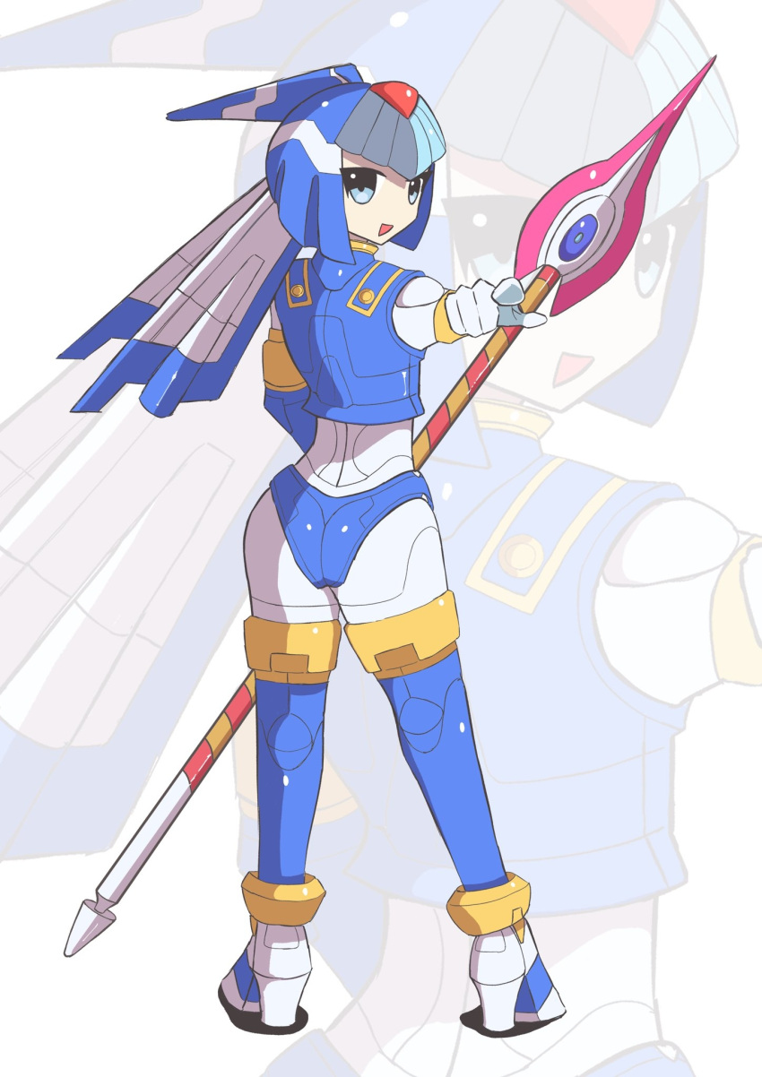 1girl android ass blue_eyes boots celiilca full_body helmet highres holding holding_polearm holding_weapon leviathan_(mega_man) looking_to_the_side mega_man_(series) mega_man_x_(series) mega_man_x_dive mega_man_zero open_mouth pointing pointing_at_viewer polearm robot robot_girl simple_background smile solo spear thigh_boots thighhighs weapon white_background zoom_layer