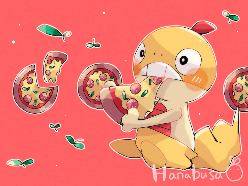 animal_focus artist_name colored_skin commentary_request eating food hanabusaoekaki highres no_humans pepperoni pizza pokemon pokemon_(creature) red_background scraggy simple_background solo sprout tail teeth yellow_skin