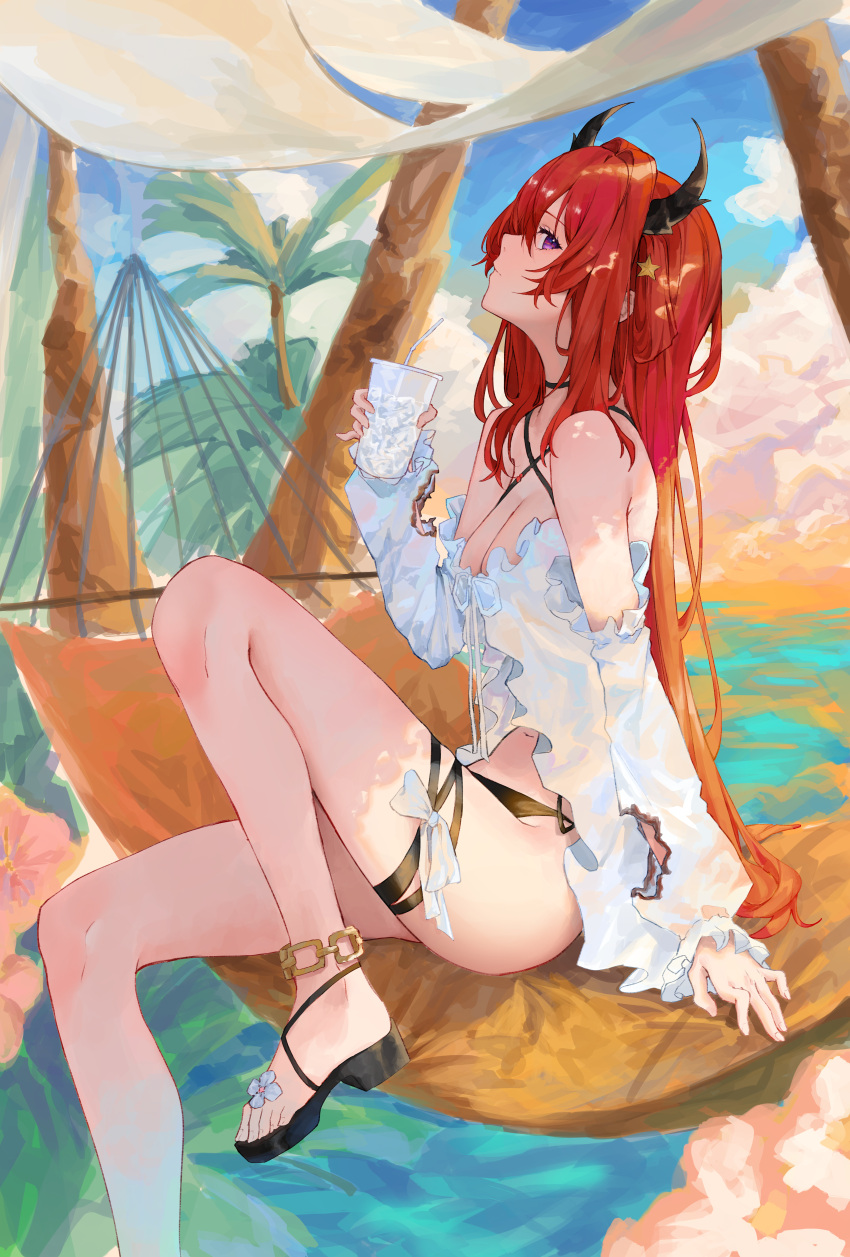 1girl abi_(user_nzav7333) absurdres anklet arknights bare_legs bikini bikini_under_clothes black_bikini black_ribbon bow breasts cleavage closed_mouth criss-cross_halter day drinking_straw from_side hair_between_eyes hair_intakes hair_ornament halterneck hammock highres holding horns jewelry leg_ribbon long_hair long_sleeves medium_breasts orange_hair outdoors palm_tree profile purple_eyes red_hair ribbon shirt sitting solo star_(symbol) star_hair_ornament surtr_(arknights) swimsuit thigh_ribbon torn_clothes torn_sleeves tree very_long_hair white_bow white_shirt