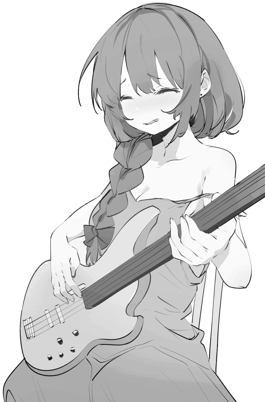 1girl absurdres bass_guitar blush bocchi_the_rock! braid breasts chair cleavage closed_eyes collarbone ddari dress drunk ear_piercing greyscale hair_over_shoulder hair_ribbon highres hiroi_kikuri holding instrument jewelry long_hair low-braided_long_hair medium_dress monochrome off_shoulder open_mouth piercing ribbon sharp_teeth sideboob simple_background single_braid sitting sketch smile solo teeth