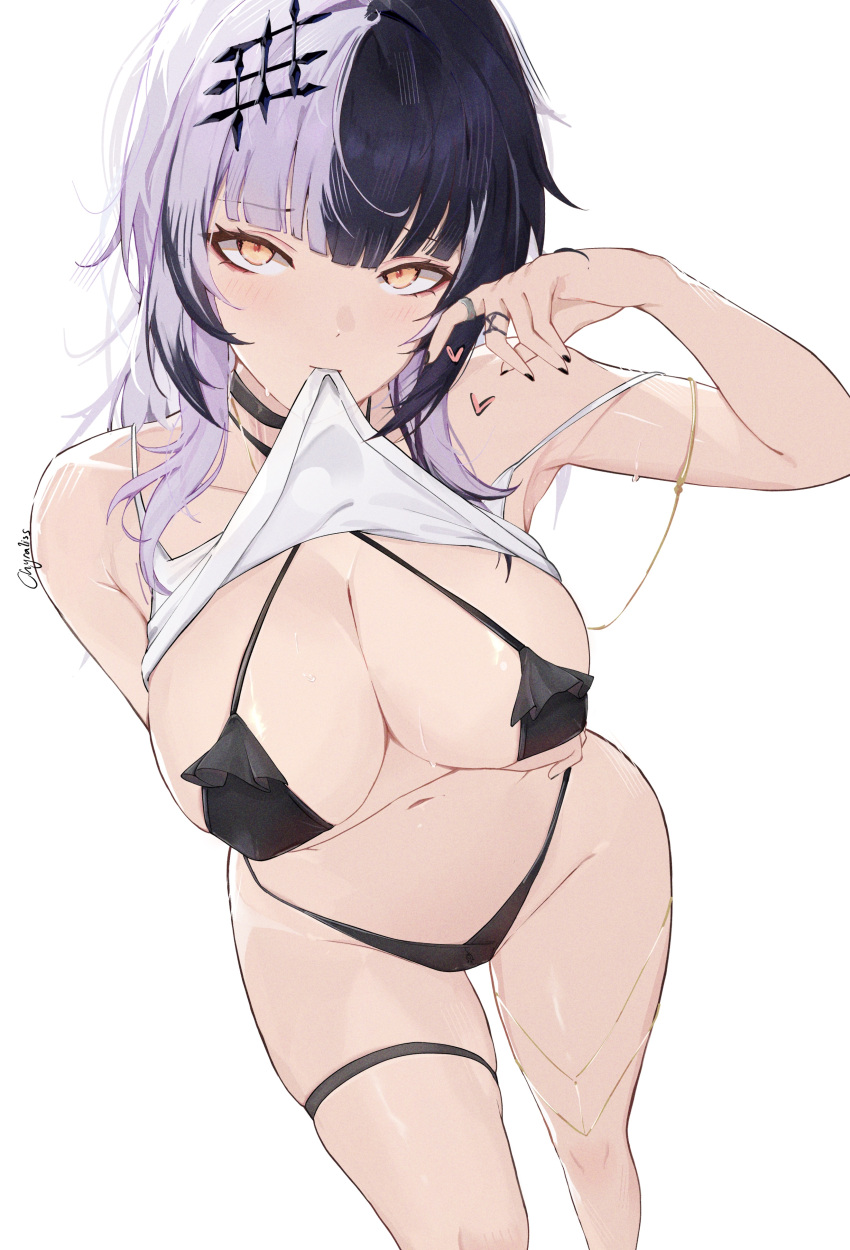 1girl absurdres arm_under_breasts bikini black_bikini black_choker black_hair black_nails blunt_bangs breasts camisole choker chyraliss clothes_in_mouth hair_ornament heart highres hololive hololive_english jewelry large_breasts long_hair mouth_hold multicolored_hair ring shiori_novella shirt_in_mouth simple_background solo split-color_hair swimsuit thigh_strap two-tone_hair virtual_youtuber white_background white_camisole white_hair yellow_eyes