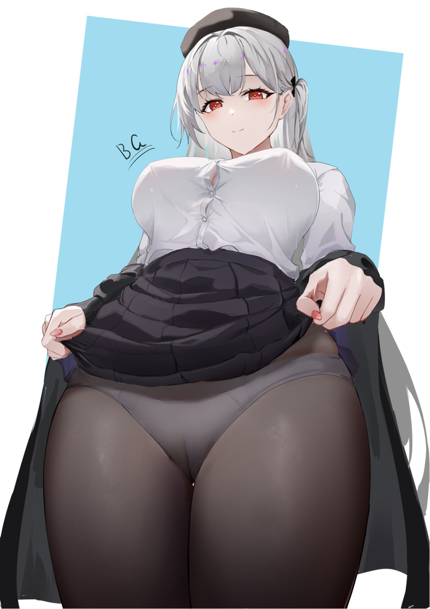 1girl azur_lane baige0 black_headwear black_pantyhose black_skirt blue_background blush breasts button_gap closed_mouth clothes_lift from_below grey_hair hat highres large_breasts long_hair long_sleeves looking_at_viewer looking_down panties panties_under_pantyhose pantyhose red_eyes scylla_(azur_lane) shirt shirt_tucked_in side_ponytail simple_background skirt skirt_lift smile solo thighs underwear white_panties white_shirt
