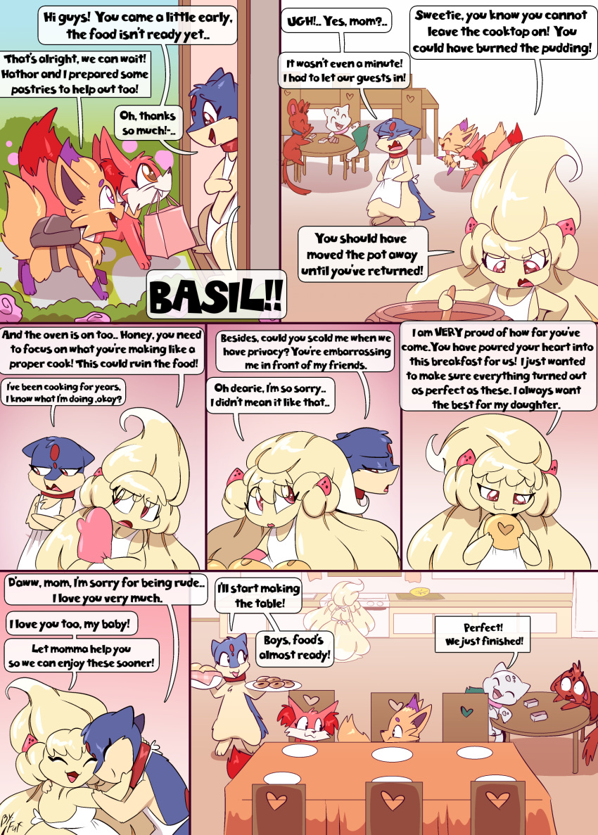 &lt;3 2023 2_horns absurd_res alcremie alister_(lightsoul) apron basil_(lightsoul) blue_body bulbasaur chip_(lightsoul) clothing collar collar_only comic cooking countershade_face countershade_torso countershading daughter_(lore) dialogue english_text female fennekin feral food forehead_gem fruit fuf generation_1_pokemon generation_2_pokemon generation_5_pokemon generation_6_pokemon generation_8_pokemon group half-closed_eyes hathor_(lightsoul) hi_res holding_object horn inside looking_at_another male minccino mother_(lore) mother_and_child_(lore) mother_and_daughter_(lore) mouth_hold multicolored_body narrowed_eyes nintendo nude open_mouth open_smile parent_(lore) parent_and_child_(lore) parent_and_daughter_(lore) plant pokemon pokemon_(species) quadruped quilava red_body red_eyes semi-anthro shawn_(lightsoul) smile speech_bubble standing strawberry text trio two_tone_body white_apron white_body zorua