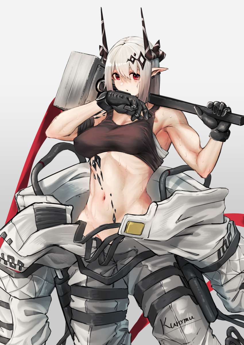 1girl absurdres arknights artist_name bandaged_arm bandages bare_shoulders black_gloves black_sports_bra ear_piercing feet_out_of_frame gloves grey_background grey_hair hair_ornament hammer highres holding holding_hammer holding_weapon horns kuromu long_hair looking_at_viewer mudrock_(arknights) muscular muscular_female navel open_clothes oripathy_lesion_(arknights) parted_lips piercing pointy_ears red_eyes sidelocks simple_background solo sports_bra standing stomach sweat weapon wiping_sweat