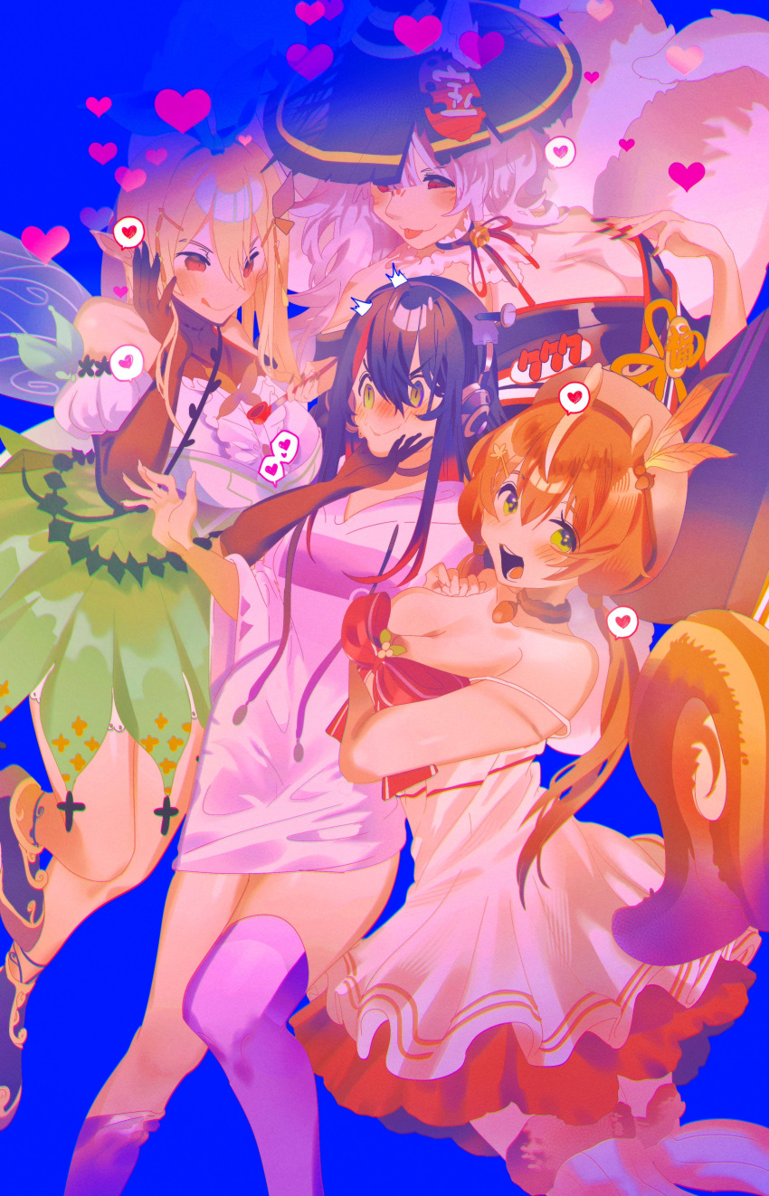4girls absurdres animal_ears ayunda_risu beret black_footwear black_gloves black_headwear blue_background blush bow breasts brown_dress brown_headwear commentary dress elbow_gloves english_commentary fairy_wings floating fox_ears fox_girl fox_tail gloves green_eyes green_skirt hair_behind_ear hand_on_another's_chin hand_on_own_cheek hand_on_own_face harem hat headphones heart highres hololive hololive_indonesia medium_breasts mika_melatika multicolored_hair multiple_girls multiple_tails nijisanji nijisanji_en nijisanji_id nina_kosaka pointy_ears pomu_rainpuff purple_thighhighs rait_visual_works red_bow red_eyes second-party_source shirt single_thighhigh skirt squirrel_ears squirrel_girl squirrel_tail streaked_hair tail thighhighs v-shaped_eyebrows virtual_youtuber white_shirt wings yuri