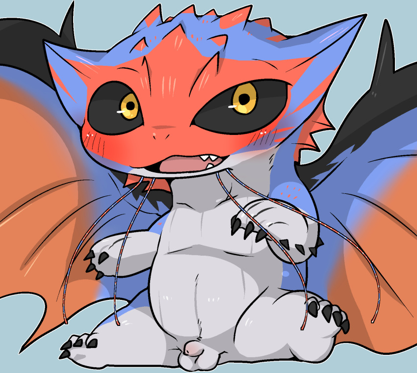 anthro balls black_sclera blue_body blue_scales blush capcom chibi claws comic countershading doneru elder_dragon fin flaccid frill_(anatomy) genitals hi_res horn male monster_hunter namielle penis scales simple_background sitting small_penis solo spikes whiskers wings