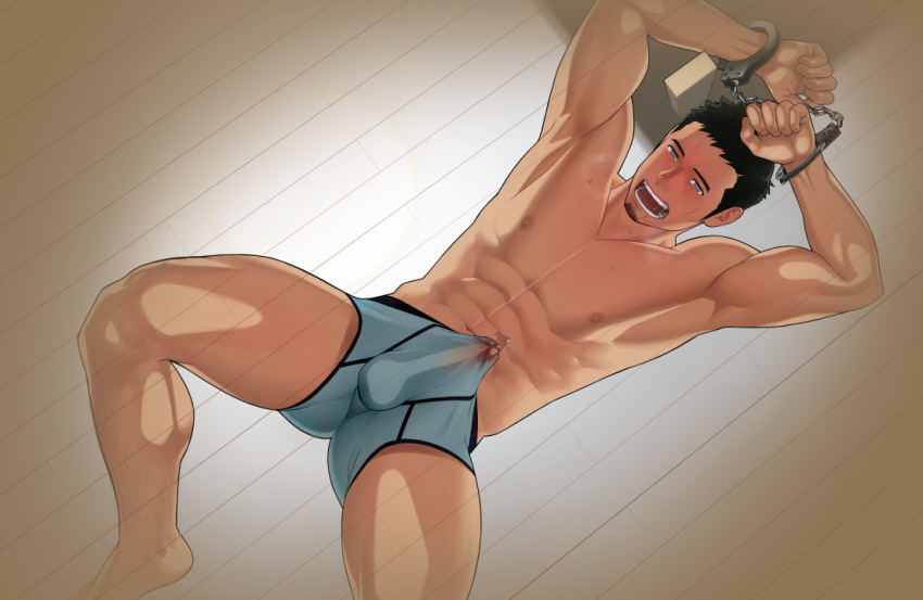 1boy abs ass_visible_through_thighs bara black_hair blue_male_underwear blush bound bound_wrists boxers bulge covered_penis cuffs facial_hair feet_out_of_frame from_above goatee handcuffs itto_(mentaiko) large_pectorals long_sideburns lying male_focus male_underwear mature_male muscular muscular_male navel nipples on_back original pectorals precum precum_through_clothes see-through short_hair sideburns solo spread_legs stomach thick_thighs thighs topless_male underwear wet wet_clothes wet_male_underwear