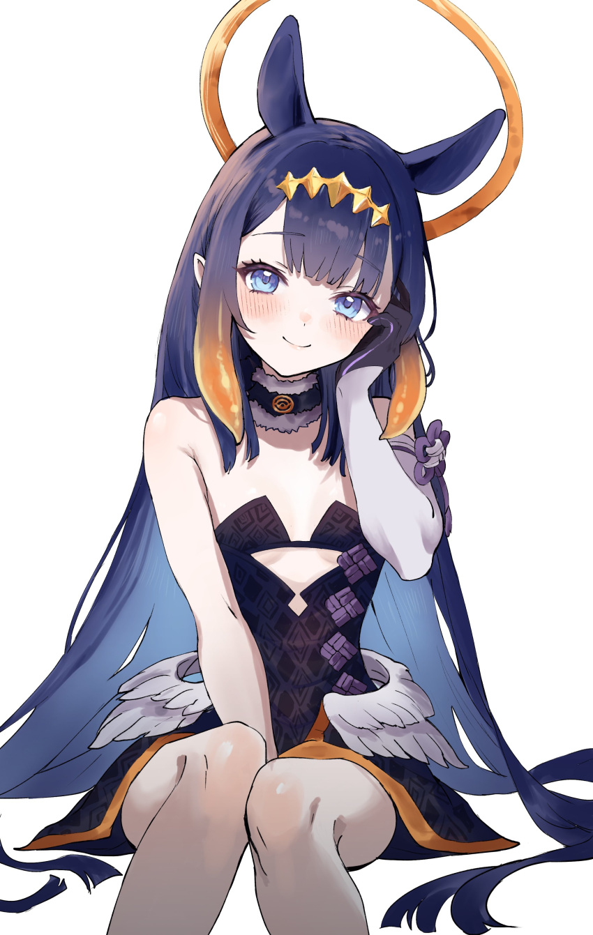 1girl absurdres alternate_hair_color arm_between_legs bare_legs bare_shoulders blue_eyes blue_hair blunt_bangs blush breasts choker closed_mouth cutout_above_navel detached_sleeves diamond_hairband dress extra_ears feathered_wings fur-trimmed_choker fur-trimmed_collar fur_choker fur_trim gradient_hair halo hand_on_own_cheek hand_on_own_face highres hololive hololive_english invisible_chair knees long_hair looking_at_viewer low_wings multicolored_hair ninomae_ina'nis ninomae_ina'nis_(1st_costume) orange_hair pointy_ears purple_hair simple_background single_detached_sleeve sitting small_breasts smile solo strapless strapless_dress tentacle_hair tentacles tube_dress very_long_hair virtual_youtuber white_background wings y_uunaa