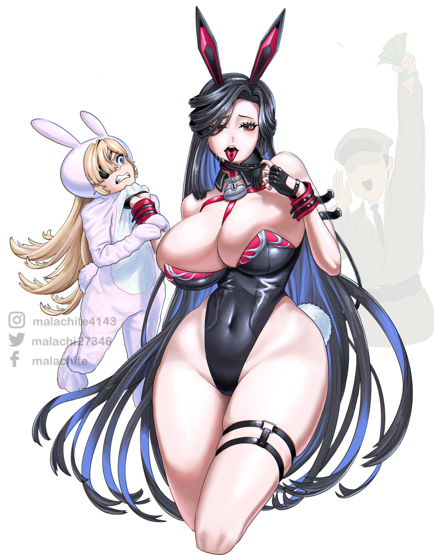1boy 2girls absurdres animal_costume animal_ears belt black_gloves black_hair blonde_hair blush breasts chest_belt cleavage commander_(nikke) fake_animal_ears fingerless_gloves gloves goddess_of_victory:_nikke guillotine_(nikke) hair_ornament highres large_breasts lifting_person lock long_hair looking_at_viewer maiden_(nikke) malachite_27346 mask mask_pull mouth_mask multiple_girls padlock padlocked_collar parted_bangs parted_lips playboy_bunny rabbit_costume rabbit_ears saliva sidelocks simple_background standing teeth tongue tongue_out upper_teeth_only white_background