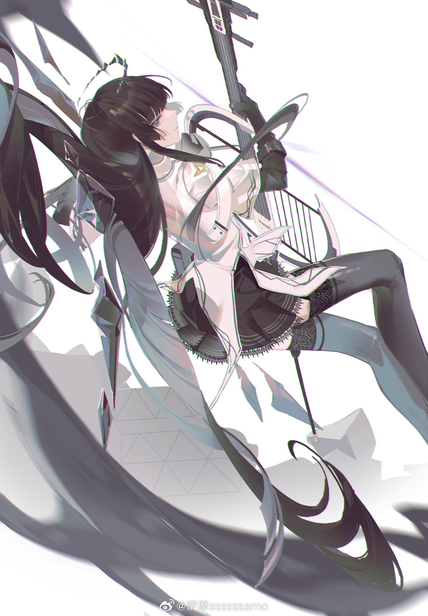 1girl absurdly_long_hair antenna_hair arknights artist_name ascot belt belt_buckle black_ascot black_garter_straps black_gloves black_hair black_halo black_outline black_skirt black_sleeves black_thighhighs black_wings blunt_bangs blurry blurry_background blurry_foreground bow_(music) bright_pupils broken_halo buckle cello chinese_commentary chinese_text chromatic_aberration closed_mouth collared_jacket commentary_request dark_halo depth_of_field detached_wings energy_wings feet_out_of_frame floating floating_hair from_side garter_straps gloves grey_eyes halo hands_up highres hime_cut holding holding_bow_(music) holding_instrument holding_violin instrument jacket knee_up layered_sleeves light_smile long_hair long_sleeves looking_at_viewer miniskirt music outline pale_skin playing playing_instrument pleated_skirt profile rubble samo_(shichun_samo) short_over_long_sleeves short_sleeved_jacket short_sleeves sidelocks sideways_glance simple_background skirt solo thighhighs very_long_hair violin virtuosa_(arknights) watermark weibo_logo weibo_username white_background white_belt white_jacket white_pupils wide_sleeves wings zettai_ryouiki