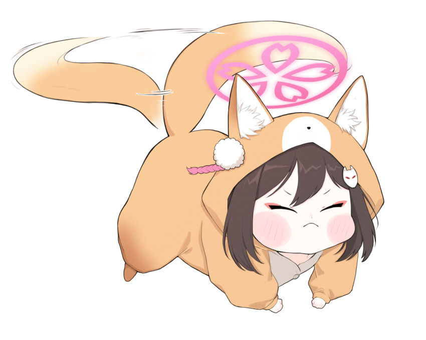 1girl alternate_costume animal_costume animal_ear_fluff animal_ears animal_hood black_hair blue_archive blush_stickers chibi commentary_request eyeshadow flying fox_costume fox_ears fox_girl fox_hair_ornament fox_hood fox_tail full_body hair_between_eyes hair_ornament halo hood izuna_(blue_archive) looking_at_viewer makeup medium_hair parody pom_pom_(clothes) pom_pom_hair_ornament puffy_cheeks sidelocks simple_background solo sonic_(series) tail tail_wagging tails_(sonic) white_background yosik