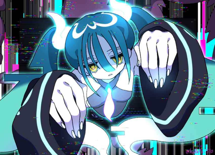 1girl black_sleeves blue_fire blue_hair breasts broken_screen choppy_bangs colored_skin commentary_request fire floating_hair frown ghost_miku_(project_voltage) ghost_pose glitch glowing glowing_neckwear grey_shirt hair_between_eyes hair_ornament hair_over_one_eye halterneck hatsune_miku head_tilt highres hitodama hodaka_sio jitome long_bangs long_hair looking_at_viewer multicolored_hair parted_lips pokemon project_voltage shirt single_flame sleeveless sleeveless_shirt small_breasts solo through_screen vocaloid white_nails white_skin yellow_eyes