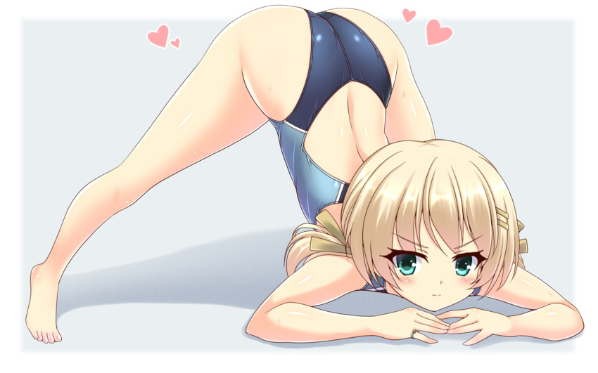 1girl arm_rest ass barefoot blonde_hair blue_one-piece_swimsuit competition_swimsuit full_body green_eyes hair_ornament hairclip hands_on_ground hizuki_aki jack-o'_challenge long_hair looking_at_viewer one-piece_swimsuit original solo spread_legs swimsuit top-down_bottom-up twintails two-tone_swimsuit wide_spread_legs