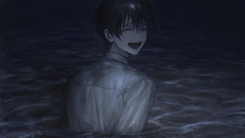 1boy black_hair caustics cg_gs6 collared_shirt commentary_request dark dress_shirt facing_back from_behind furrowed_brow highres male_focus open_mouth original partially_submerged raised_eyebrows sad_smile shirt short_hair solo upper_body water wet wet_clothes wet_hair