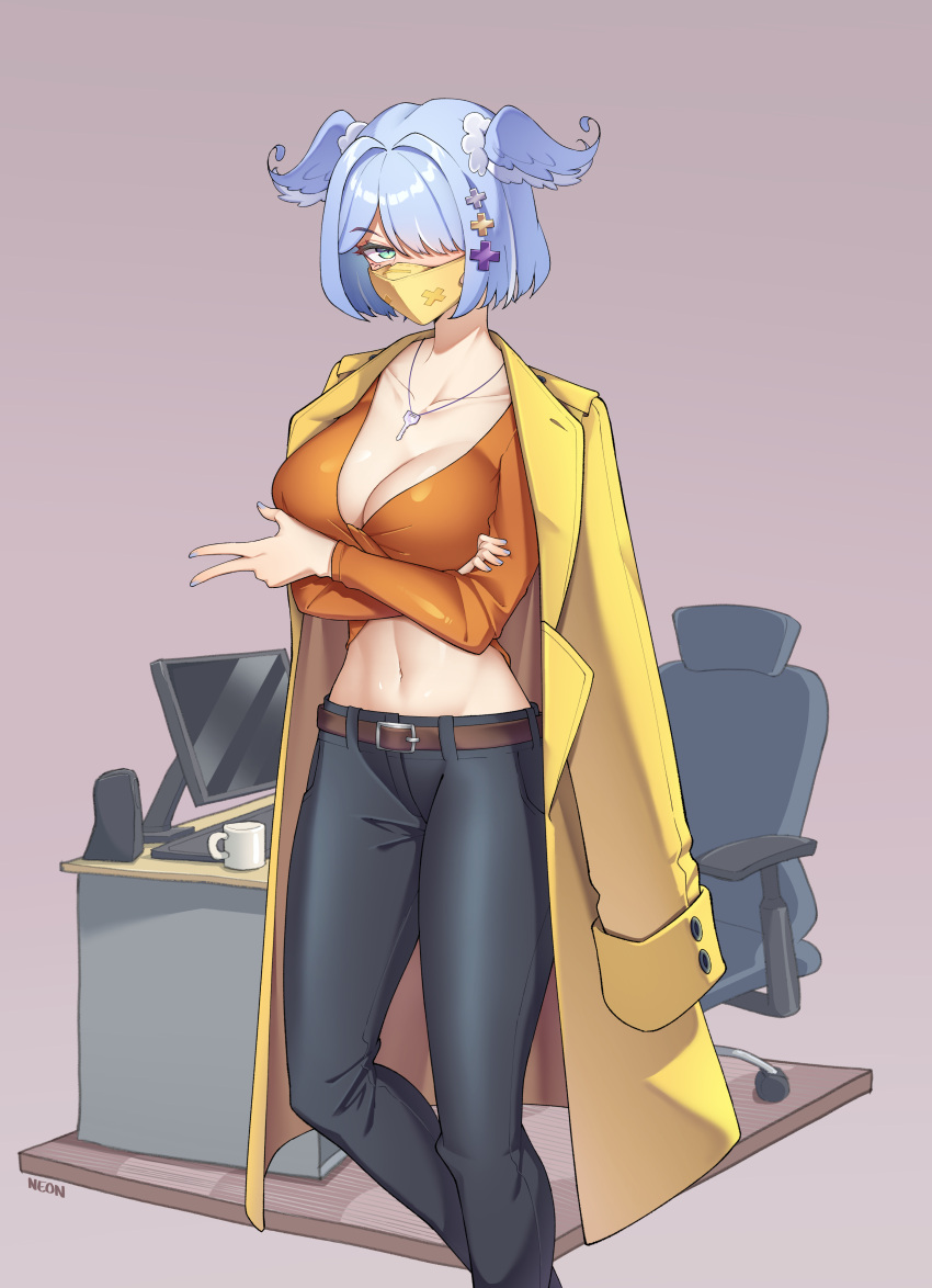 1girl absurdres aqua_nails belt black_pants blue_eyes blue_hair bob_cut breasts brown_belt chair cleavage coat coffee_mug collarbone computer crop_top cup elira_pendora english_commentary grey_background hair_ornament hair_over_one_eye head_wings highres jewelry key large_breasts long_sleeves looking_at_viewer mask midriff mouth_mask mug nail_polish navel necklace neon_luminous nijisanji nijisanji_en office_chair office_lady on_shoulder one_eye_covered orange_shirt pants shirt short_hair signature solo swivel_chair table virtual_youtuber wings x_hair_ornament yellow_coat yellow_mask