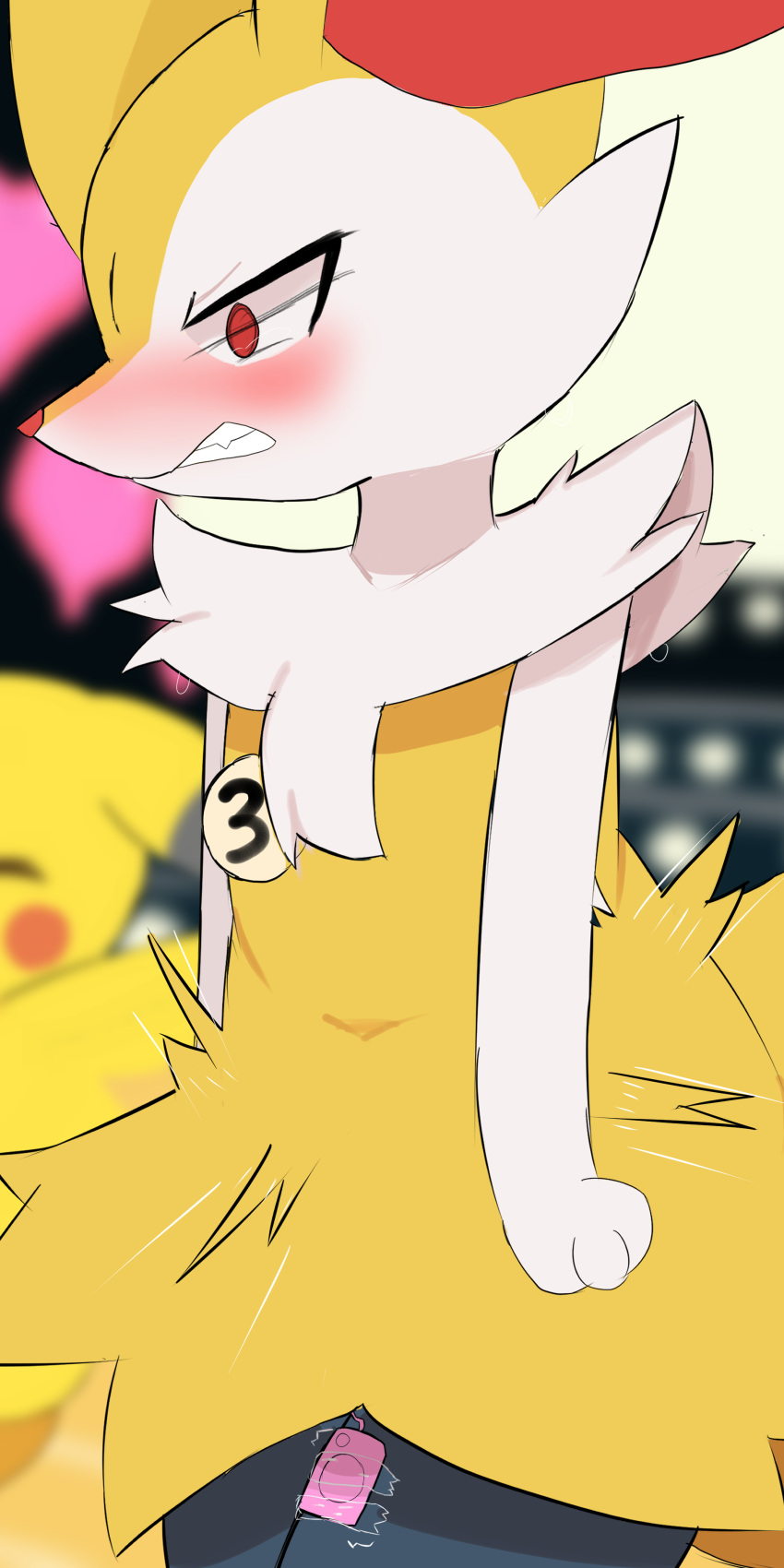 1girl aaa_(pixiv_70331378) absurdres animal_ear_fluff animal_ears animal_hands animal_nose arms_at_sides black_fur blurry blurry_background blush body_fur braixen clenched_teeth commentary_request constricted_pupils controller cowboy_shot embarrassed fang flat_chest fox_ears fox_girl furry furry_female highres multicolored_fur navel neck_fur nose_blush pikachu pokemon pokemon_(creature) red_eyes remote_control remote_control_vibrator sex_toy snout solo_focus standing sweat tape teeth trembling vibrator vibrator_cord white_fur yellow_fur