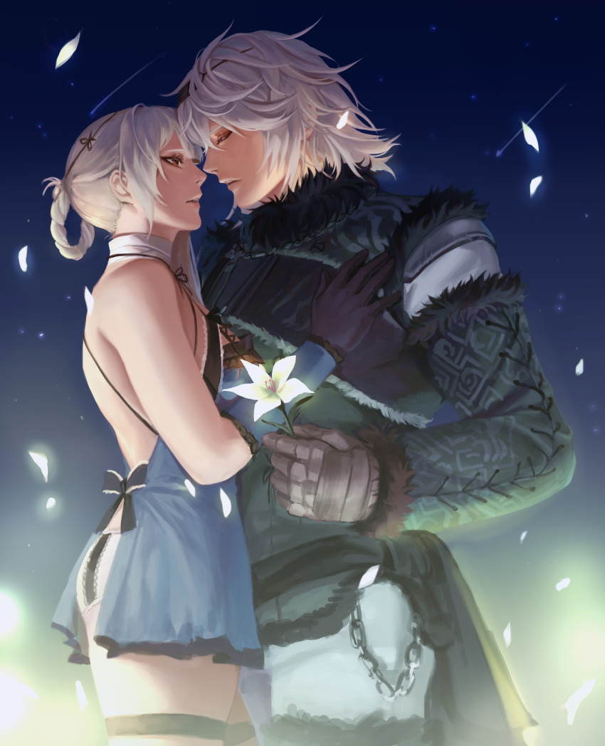 1boy 1girl absurdres armor bandaged_neck bandages black_gloves blue_dress braided_hair_rings breasts closed_eyes closed_mouth couple dress falling_petals flower fur_trim gauntlets gloves highres holding holding_flower kaine_(nier) looking_at_another nier nier_(series) nier_(young) nier_reincarnation night night_sky on_(isk1812) outdoors pants petals short_hair sky white_hair white_pants