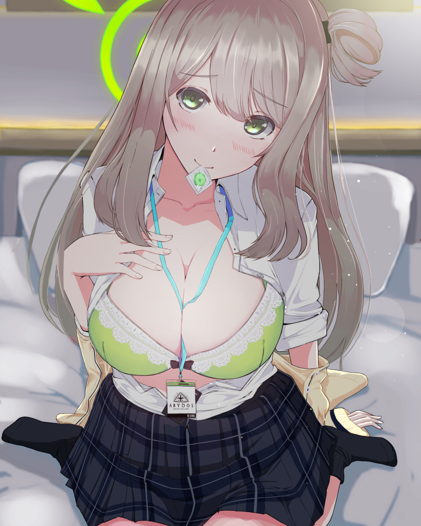 1girl absurdres arm_support bed bedroom bizen_kurage blue_archive blush bra breasts cleavage collarbone condom condom_in_mouth green_bra green_eyes green_halo hair_bun halo hand_on_own_chest highres id_card indoors lanyard large_breasts light_brown_hair long_hair looking_at_viewer mouth_hold nonomi_(blue_archive) on_bed open_clothes open_shirt plaid plaid_skirt shirt single_hair_bun sitting skirt socks solo underwear wariza white_shirt