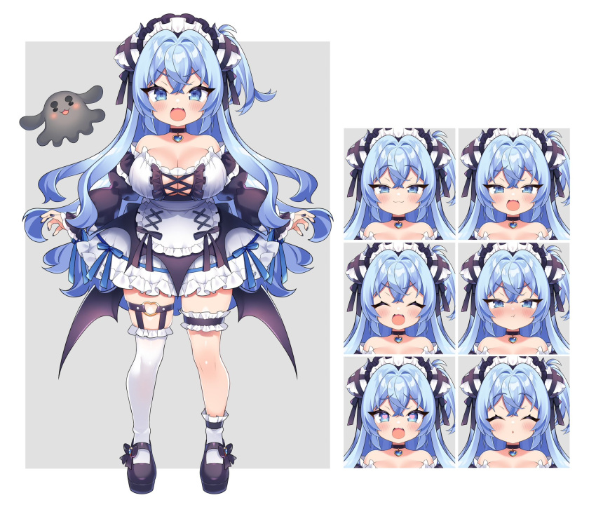 1girl apron asymmetrical_legwear bare_shoulders black_choker black_footwear black_nails black_wings blue_eyes blue_hair blue_ribbon bow breasts bridal_garter choker cleavage closed_eyes demon_girl demon_horns dress expressions footwear_bow full_body heart heart-shaped_pupils heart_o-ring highres horns indie_virtual_youtuber large_breasts long_hair maid maid_headdress maou_chirorunia msp_sammy off-shoulder_dress off_shoulder open_mouth ribbon second-party_source shortstack single_thighhigh socks strapless strapless_dress symbol-shaped_pupils thighhighs two-tone_dress white_apron white_socks white_thighhighs wings