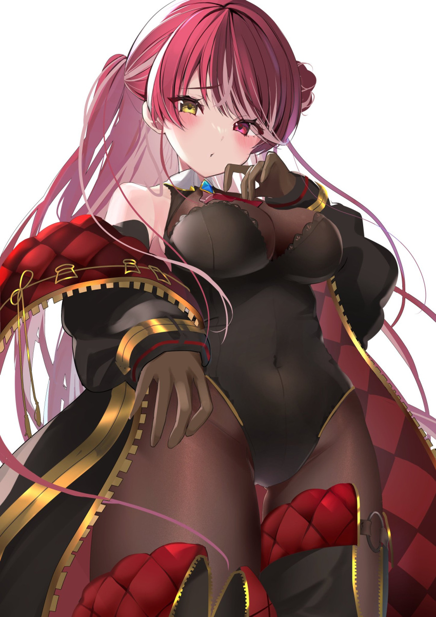 1girl ascot bare_shoulders black_jacket black_leotard blush bodystocking bodystocking_under_clothes boots breasts brown_pantyhose covered_navel gloves gold_trim hair_bun hat heterochromia high_heel_boots high_heels highres hololive houshou_marine houshou_marine_(5th_costume) jacket large_breasts leotard long_hair looking_at_viewer multicolored_hair official_alternate_costume official_alternate_hair_length official_alternate_hairstyle pantyhose red_ascot red_eyes red_hair see-through_cleavage single_side_bun solo strapless strapless_leotard streaked_hair thigh_boots two-sided_fabric two-sided_jacket very_long_hair virtual_youtuber yellow_eyes yoshioka_pochi
