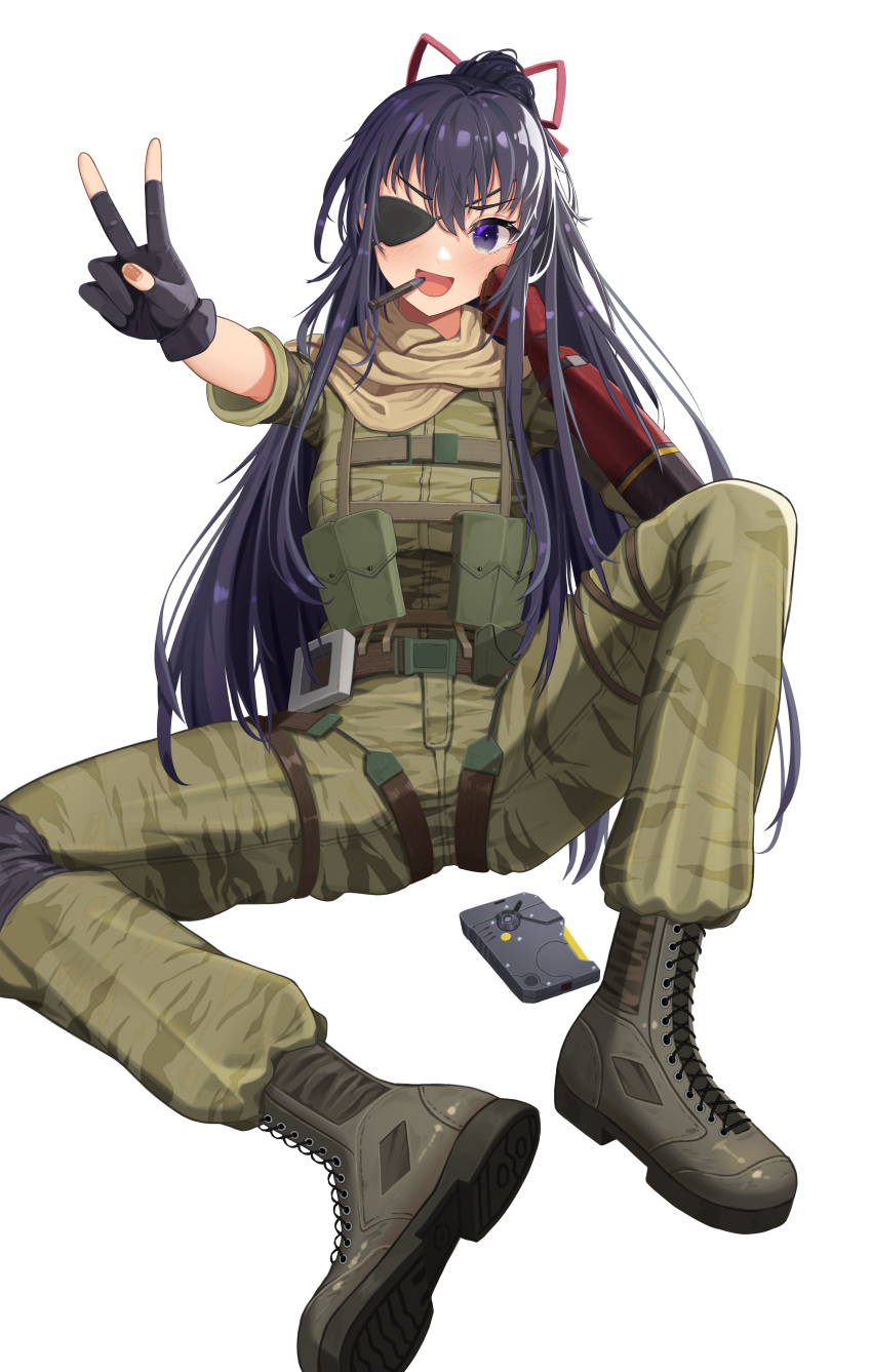 1girl absurdres bangom_r belt black_footwear boots bow commission cosplay cross-laced_footwear date_a_live eyepatch gloves hair_bow highres lace-up_boots long_hair mechanical_arms metal_gear_(series) metal_gear_solid_v:_the_phantom_pain military military_uniform partially_fingerless_gloves ponytail purple_eyes purple_hair simple_background solo uniform v venom_snake venom_snake_(cosplay) white_background yatogami_tooka