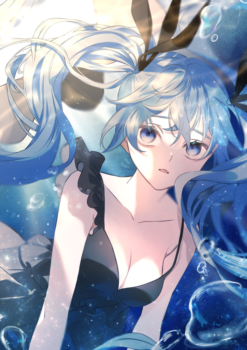 1girl black_dress black_ribbon blue_eyes blue_hair breasts bubble collarbone commentary dress floating_hair frilled_dress frills hatsune_miku highres light_rays long_hair looking_at_viewer medium_breasts parted_lips ribbon shinkai_shoujo_(vocaloid) solo twintails un_known9999 underwater upper_body vocaloid water