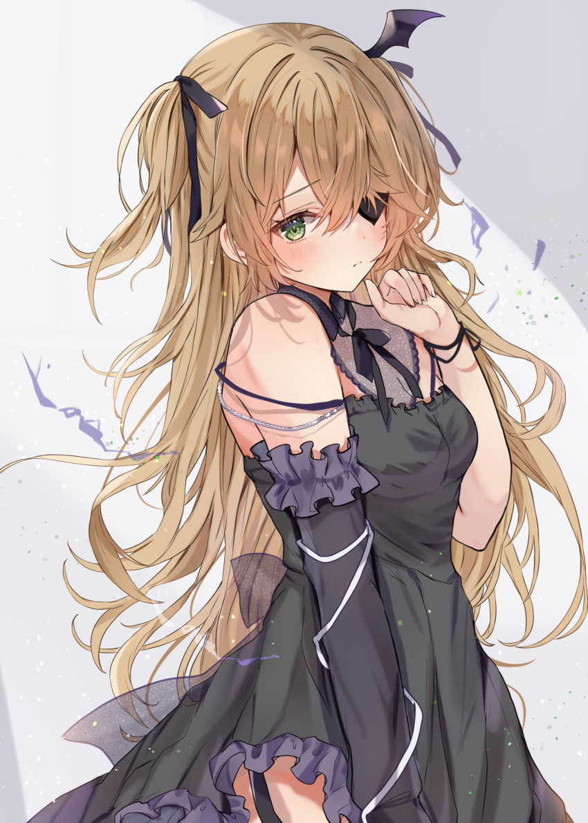 1girl bare_shoulders black_ribbon blonde_hair bow breasts dress eyepatch fischl_(genshin_impact) genshin_impact green_eyes hair_over_one_eye hair_ribbon highres long_hair looking_at_viewer maruro medium_breasts ribbon simple_background solo sunlight two_side_up