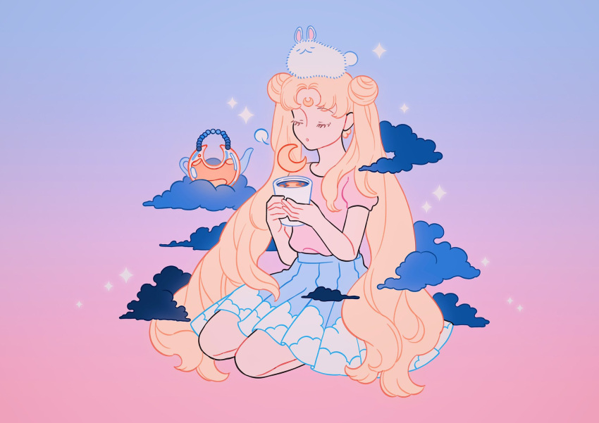 1girl animal_on_head bishoujo_senshi_sailor_moon blonde_hair blue_skirt closed_eyes cloud cloud_print crescent crescent_facial_mark cup double_bun facial_mark full_body gradient_background hair_bun highres holding holding_cup long_hair meyoco on_head pink_background pink_shirt pleated_skirt print_skirt purple_background rabbit seiza shirt shirt_tucked_in sitting skirt solo sparkle teapot tsukino_usagi twintails very_long_hair