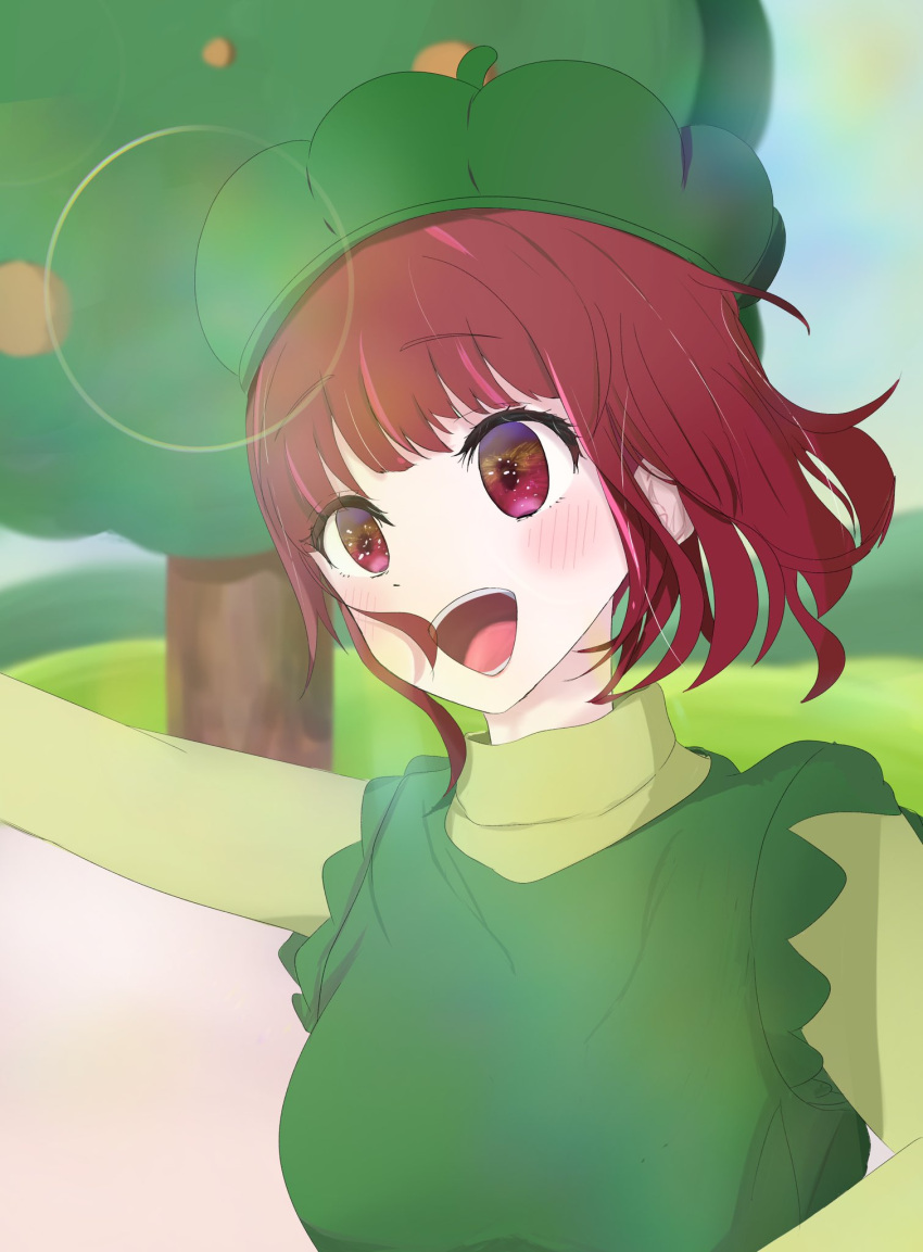 1girl arima_kana bell_pepper blue_sky blush bob_cut dress green_dress green_headwear happy highres inverted_bob looking_to_the_side open_mouth oshi_no_ko red_eyes red_hair short_hair sky smile solo solo_focus tree
