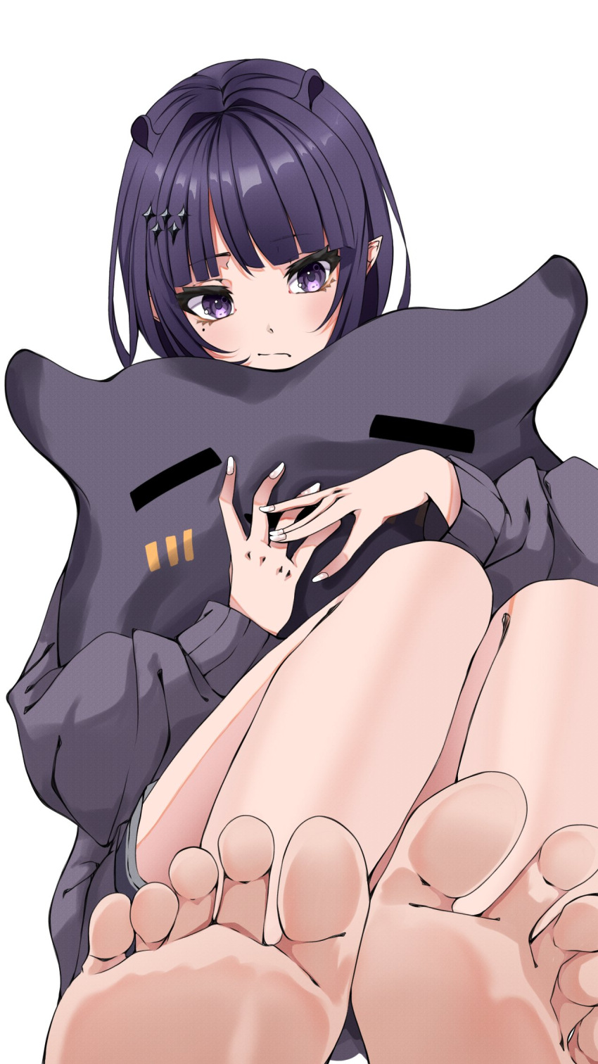 1girl :/ barefoot blunt_bangs character_print closed_mouth commentary convenient_leg english_commentary extra_ears eyelashes feet foot_focus foreshortening hair_ornament highres hololive hololive_english knees_up legs_together long_sleeves medium_hair mole mole_under_eye mouchu nail_polish ninomae_ina'nis ninomae_ina'nis_(5th_costume) object_hug official_alternate_costume own_hands_together pillow pointy_ears purple_eyes purple_hair purple_shirt shiny_skin shirt shorts sidelocks simple_background soles solo takodachi_(ninomae_ina'nis) toes virtual_youtuber white_background white_nails