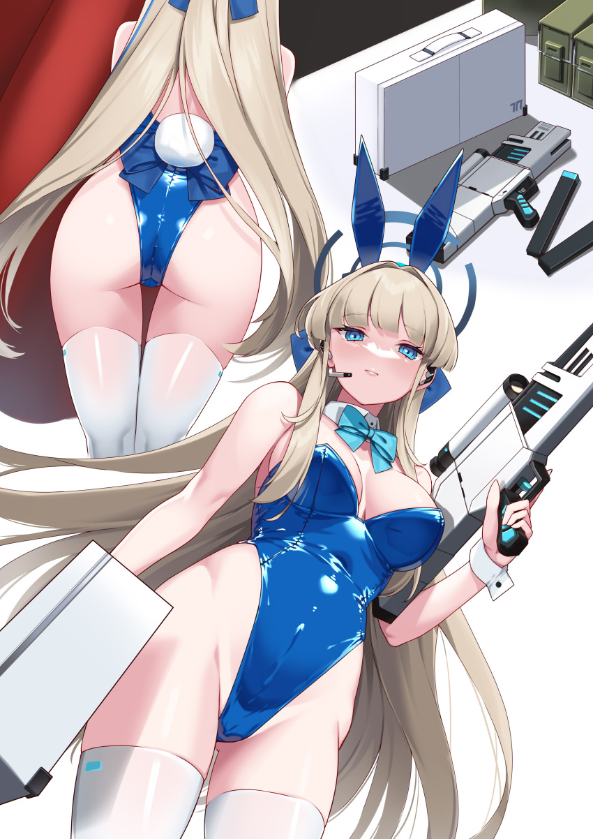 1girl absurdres animal_ears aqua_bow aqua_bowtie bare_shoulders blonde_hair blue_archive blue_eyes blue_hairband blue_leotard bow bowtie breasts detached_collar earpiece fake_animal_ears fake_tail hairband halo hiememiko highleg highleg_leotard highres leotard long_hair medium_breasts official_alternate_costume playboy_bunny rabbit_ears rabbit_tail solo strapless strapless_leotard tail thighhighs toki_(blue_archive) toki_(bunny)_(blue_archive) very_long_hair white_thighhighs white_wrist_cuffs wrist_cuffs