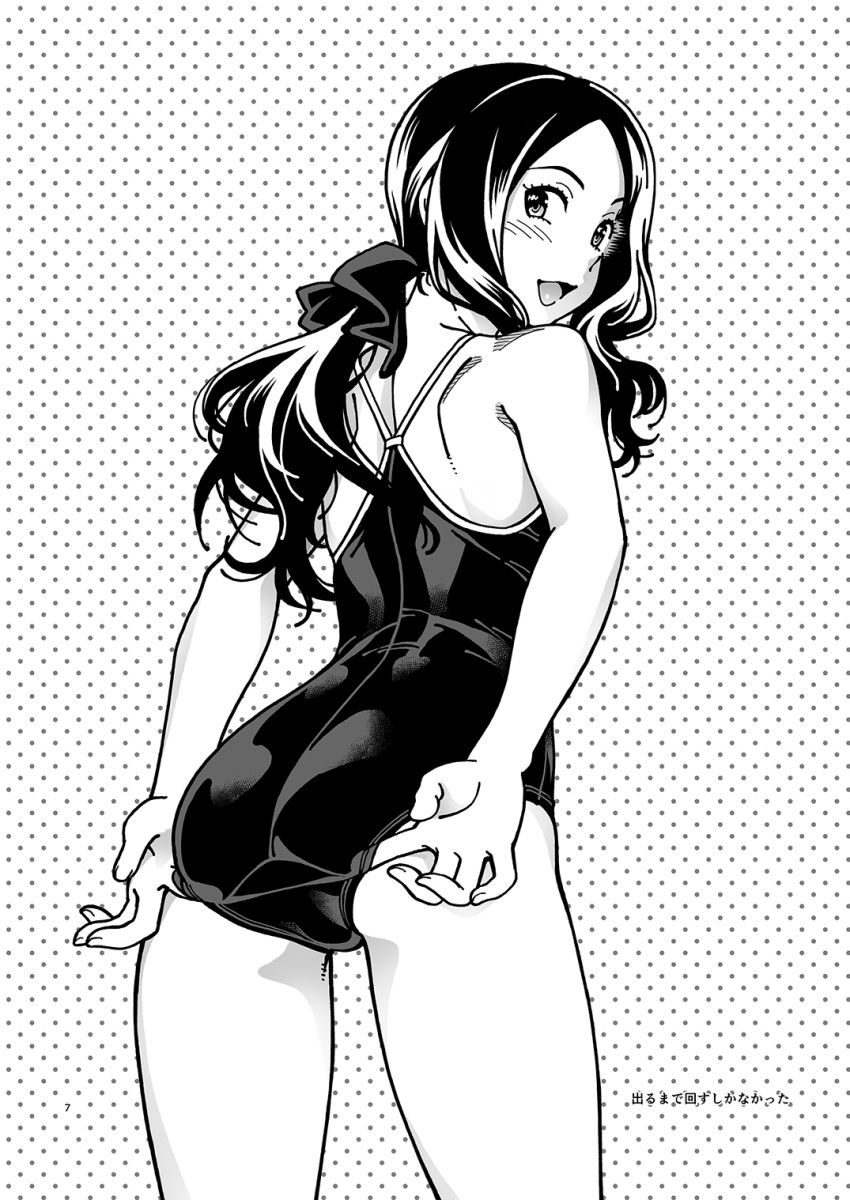 1girl blush fate/grand_order fate_(series) fukudahda greyscale highres leonardo_da_vinci_(fate) leonardo_da_vinci_(rider)_(fate) long_hair looking_back monochrome multiple_girls one-piece_swimsuit open_mouth shoulder_blades smile solo standing swimsuit