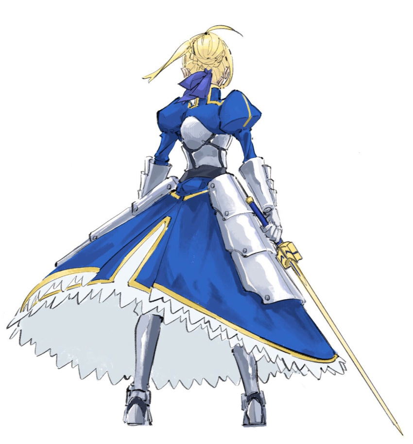 1girl ahoge armor armored_boots armored_dress artoria_pendragon_(fate) blonde_hair blue_dress blue_ribbon boots braid braided_bun dress excalibur_(fate/stay_night) fate/stay_night fate_(series) faulds from_behind full_body gauntlets hair_bun hair_ribbon highres holding holding_sword holding_weapon juliet_sleeves long_sleeves puffy_sleeves ribbon saber simple_background sketch solo sword tenoo12 weapon white_background