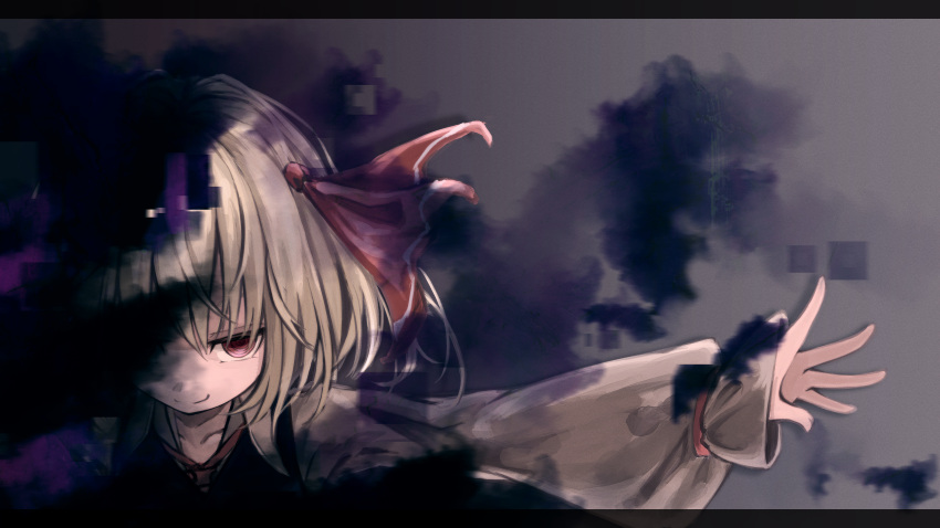 1girl absurdres black_vest blonde_hair closed_mouth collared_shirt darkness hair_ribbon highres letterboxed lit_ter long_sleeves looking_at_viewer outstretched_arms portrait red_eyes red_ribbon ribbon rumia shirt short_hair smile solo spread_arms touhou vest white_shirt