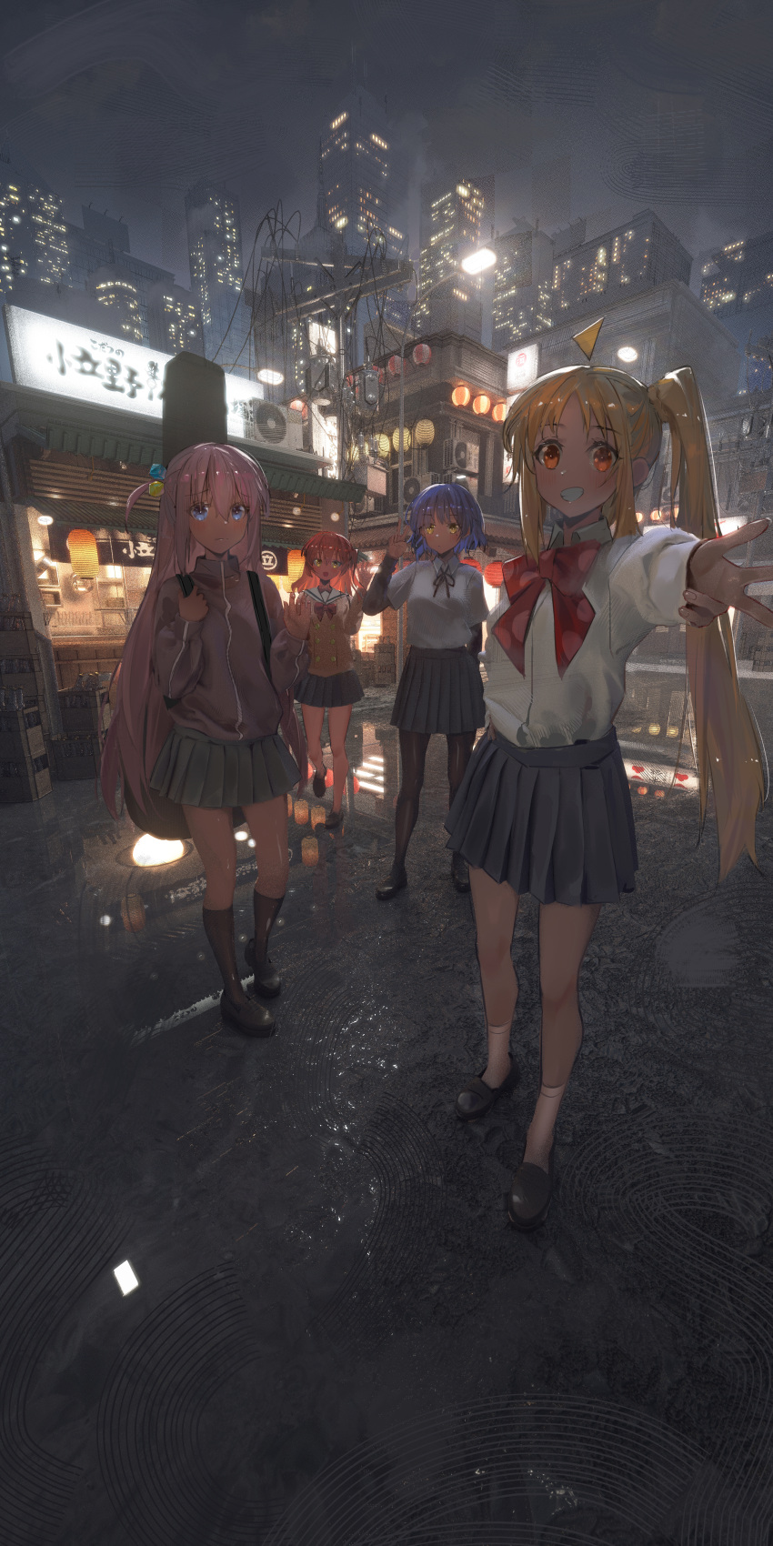 4girls absurdly_detailed_background absurdres air_conditioner awning beer_crate billboard black_footwear black_pantyhose black_ribbon black_skirt black_socks blonde_hair blue_eyes blue_hair bocchi_the_rock! bottle bow bowtie building city_lights cube_hair_ornament food_stand gotoh_hitori grin guitar_case hair_ornament highres ijichi_nijika inkrua instrument_case jacket kita_ikuyo kneehighs lamppost lantern loafers long_hair long_sleeves looking_at_viewer lots_of_light_reflection miniskirt multicolored_paper_lantern multiple_girls neck_ribbon nervous open_mouth pantyhose paper_lantern pink_hair pink_jacket polka_dot_bowtie ponytail power_lines red_bow red_bowtie red_eyes red_hair red_paper_lantern reflection reflective_floor ribbon road roof_shingles sailor_collar scenery school_uniform shirt shoes short_hair short_sleeves shuka_high_school_uniform sign_on_roof skirt skyline skyscraper smile socks store_signs street utility_pole v very_long_hair waving_hands white_paper_lantern white_sailor_collar white_shirt white_socks yamada_ryo yellow_eyes yellow_paper_lantern
