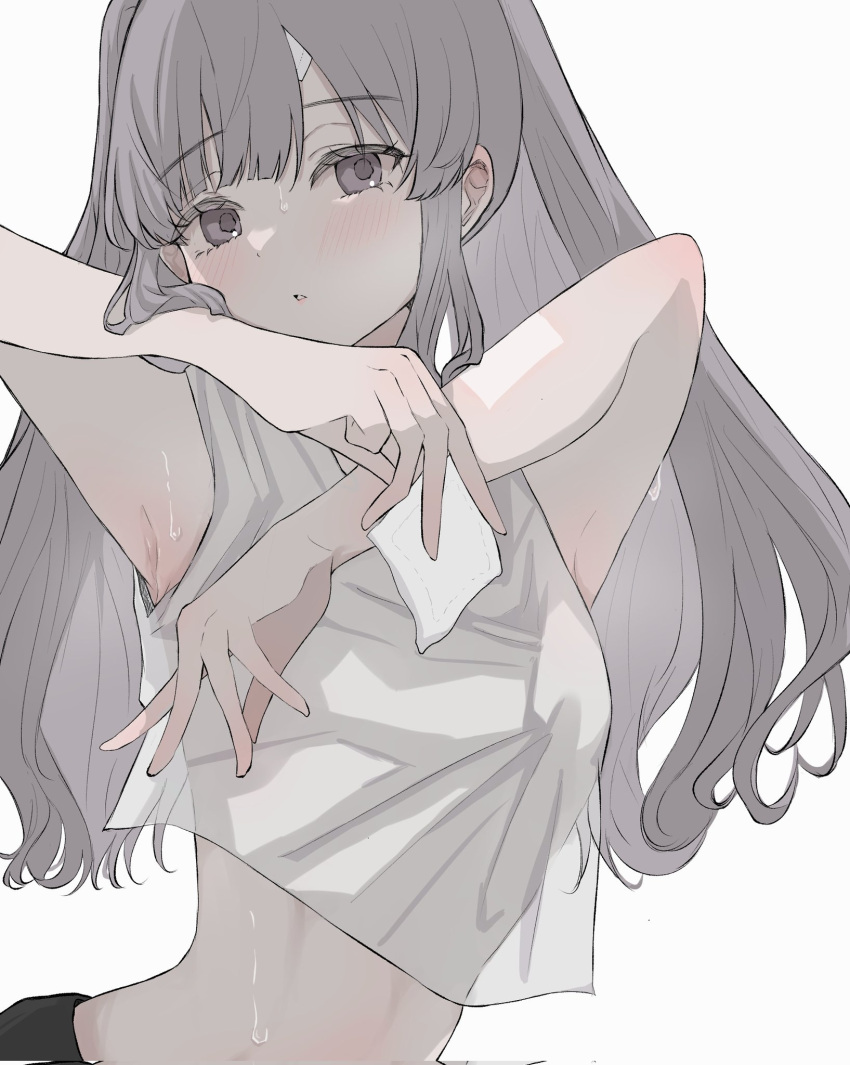 1girl armpits arms_up bandage_on_face bandages blush body_blush breasts cropped_shirt eyelashes grey_eyes grey_hair highres holding idolmaster idolmaster_shiny_colors long_hair looking_at_viewer midriff momi_(frisch1022) narrow_waist parted_lips see-through see-through_shirt shirt sidelocks simple_background sleeveless small_breasts solo sweat twintails upper_body white_background white_shirt yukoku_kiriko