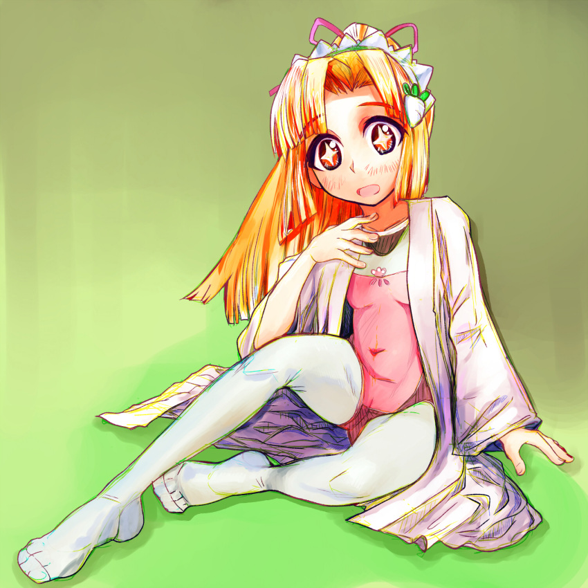 1girl blonde_hair bodysuit bodysuit_under_clothes breasts bright_pupils covered_navel cross-shaped_pupils futaba_channel hair_ornament hair_ribbon hand_up highres leotard long_sleeves maid_headdress nijiura_maids open_mouth orange_eyes pink_leotard pink_ribbon ponytail ribbon sitting small_breasts solo symbol-shaped_pupils tensai_(nijiura_maids) tsukiyono_aroe turnip white_bodysuit white_pupils