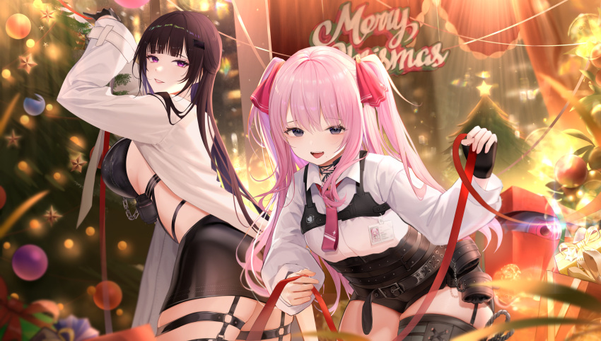 2girls absurdres bare_shoulders belt black_hair blush box breasts chain christmas christmas_tree cleavage collar curvy dominatrix flat_chest gift gift_box gloves goddess_of_victory:_nikke heart heart-shaped_pupils high-waist_shorts highres iuidd large_breasts looking_at_viewer mihara_(nikke) mole mole_under_mouth multiple_girls pink_hair short_shorts shorts small_breasts smile symbol-shaped_pupils uniform yuni_(nikke)