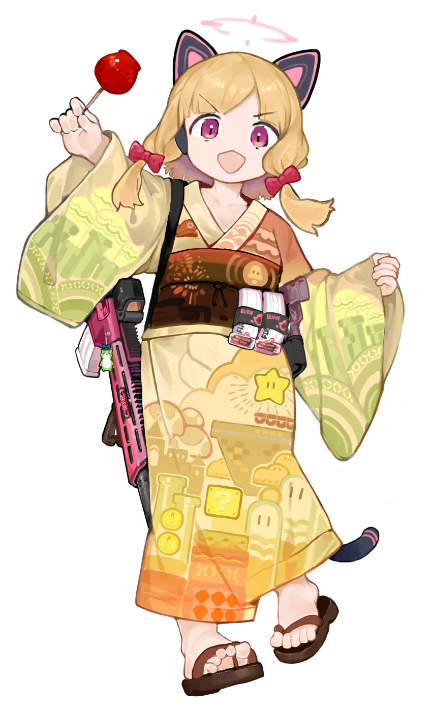 1girl ?_block absurdres alternate_costume animal_ear_headphones animal_ears battle_rifle blonde_hair blue_archive bow candy_apple cat_ear_headphones clip_(weapon) coin commentary fake_animal_ears food full_body geta gun h&amp;k_g3 hair_bow halo headphones highres holding holding_food japanese_clothes kimono looking_at_viewer mario_(series) medium_hair menthako momoi_(blue_archive) new_super_mario_bros._u_deluxe no_socks obi obijime open_mouth print_kimono red_bow red_eyes rifle sash short_hair simple_background solo standing straight-on super_mario_3d_land super_mario_3d_world super_mario_odyssey super_star_(mario) symbol-only_commentary tail v-shaped_eyebrows warp_pipe weapon white_background yukata |_|