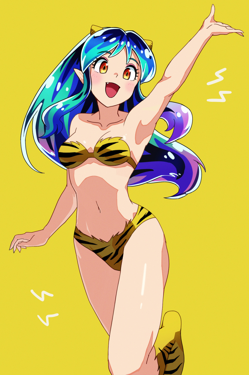 1girl :d animal_print aqua_hair arm_up bikini blue_hair collarbone fang green_hair highres horns long_hair looking_at_viewer lum mandei_(nao_1234567) multicolored_hair navel oni_horns open_mouth orange_eyes pointy_ears print_boots print_footwear shiny_skin smile solo strapless strapless_bikini swimsuit tiger_print urusei_yatsura yellow_background yellow_bikini yellow_footwear