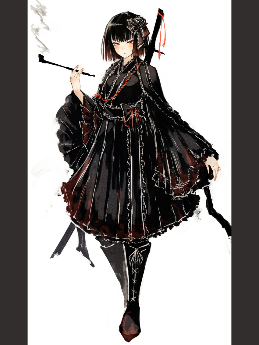 1girl absurdres akita_(akitakipuromun) black_flower black_footwear black_hair black_hakama black_kimono black_ribbon black_rose boots closed_mouth commentary_request cross-laced_footwear flower full_body hair_flower hair_ornament hair_ribbon hakama hakama_skirt highres holding holding_smoking_pipe japanese_clothes kimono kiseru lace-up_boots limbus_company lolita_fashion long_sleeves project_moon red_eyes ribbon rose ryoshu_(limbus_company) short_hair skirt smoke smoking_pipe solo sword sword_on_back wa_lolita weapon weapon_on_back wide_sleeves