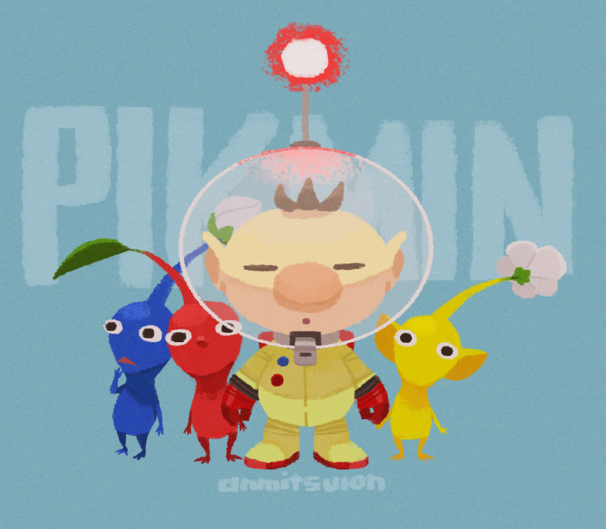 1boy alien artist_name azuki_(anmitsuion) backpack bag big_nose black_eyes blue_background blue_pikmin blue_skin brown_hair bud buttons closed_eyes colored_skin commentary copyright_name flower gloves hand_on_own_chin head_tilt helmet leaf male_focus no_mouth olimar open_mouth pikmin_(creature) pikmin_(series) pointy_ears pointy_nose radio_antenna red_bag red_gloves red_light red_pikmin red_skin short_hair space_helmet spacesuit straight-on triangle_mouth very_short_hair whistle white_flower yellow_pikmin yellow_skin