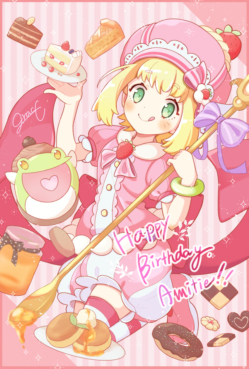 1girl amitie_(puyopuyo) blonde_hair blush_stickers bow cake cake_slice character_name checkerboard_cookie cookie donguri_gaeru doughnut food fruit green_eyes happy_birthday heart heart-shaped_cookie heart_in_mouth highres honey jazz_grace licking_lips macaron pie pie_slice pink_footwear pink_headwear pink_shirt puffy_short_sleeves puffy_shorts puffy_sleeves purple_bow puyopuyo puyopuyo_fever puyopuyo_quest shirt short_sleeves shorts signature strawberry strawberry_hat_ornament striped striped_shorts striped_thighhighs thighhighs tongue tongue_out vertical-striped_shorts vertical_stripes