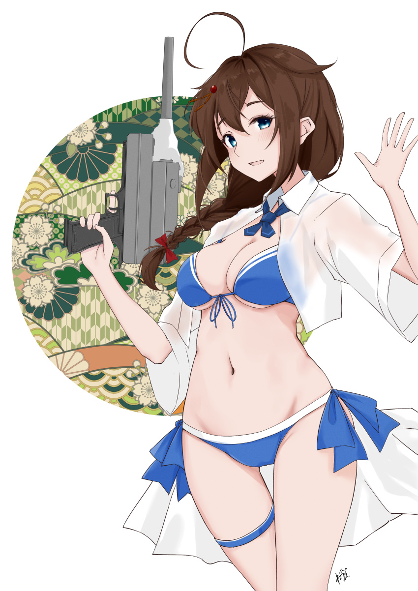 1girl absurdres ahoge bikini blue_bikini blue_eyes braid breasts brown_hair cleavage collared_shirt cropped_shirt front-tie_bikini_top front-tie_top hair_flaps hair_ornament hair_over_shoulder hairpin highres holding holding_turret kantai_collection looking_at_viewer medium_breasts navel neve_(morris-minicooper) official_alternate_costume open_mouth shigure_(kancolle) shigure_kai_san_(kancolle) shirt short_sleeves single_braid smile solo swimsuit thigh_strap turret white_shirt