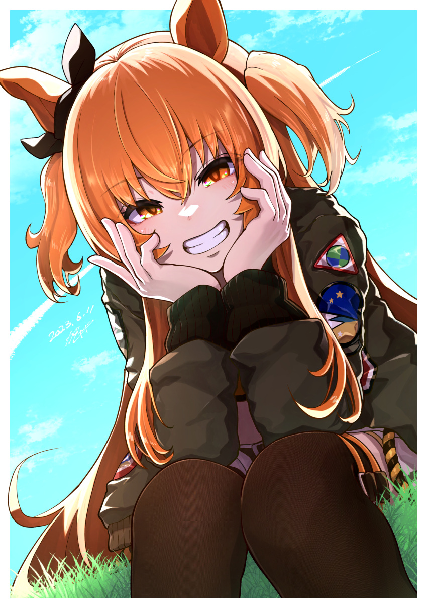 1girl absurdres animal_ears belt bomber_jacket bow brown_thighhighs cloud contrail dated day ear_bow feet_out_of_frame gashitani grass green_jacket grin hair_between_eyes head_rest highres horse_ears jacket long_hair long_sleeves looking_at_viewer mayano_top_gun_(umamusume) orange_eyes orange_hair outdoors shorts signature sitting smile solo thighhighs two_side_up umamusume white_shorts