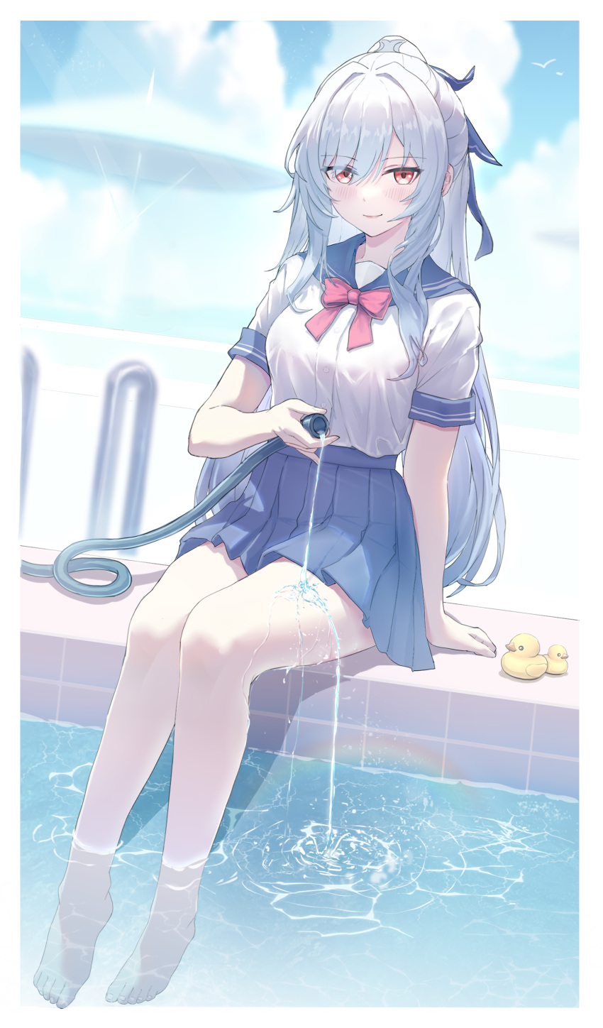 1girl absurdres alternate_costume arm_support barefoot blue_sailor_collar blue_skirt blush border bow bowtie breasts commentary high_ponytail highres holding holding_hose honkai:_star_rail honkai_(series) hose jingliu_(honkai:_star_rail) long_hair looking_at_viewer medium_breasts pleated_skirt poolside pouring red_bow red_bowtie red_eyes revision rubber_duck sailor_collar school_uniform serafuku shirt sidelocks sitting skirt smile soaking_feet solo thighs uniform wangzili_shitoumen water white_border white_hair white_shirt